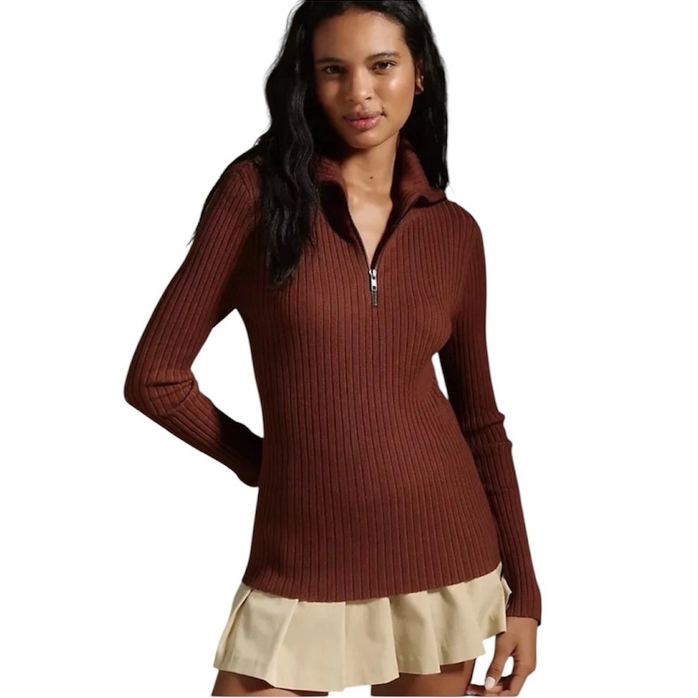 🆕 ANTHROPOLOGIE Maeve Fitted Half-Zip Sweater chocolate color Ribbed Size L